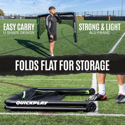Portable football goal on a grass field with text highlighting features like 'Easy Carry', 'Strong & Light', and 'Folds Flat for Storage'.