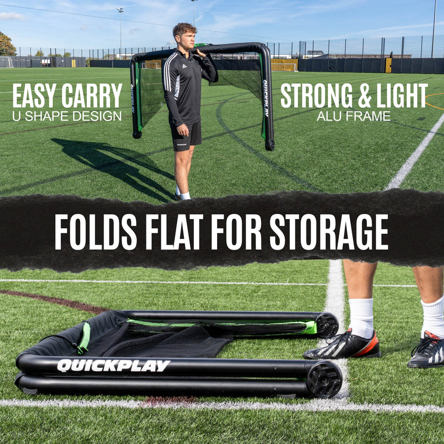 Portable football goal on a grass field with text highlighting features like 'Easy Carry', 'Strong & Light', and 'Folds Flat for Storage'.