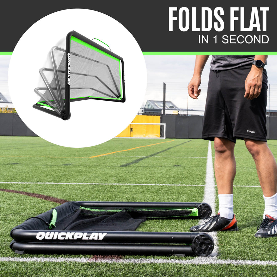 QuickPlay football goal that folds flat in one second on a football field.
