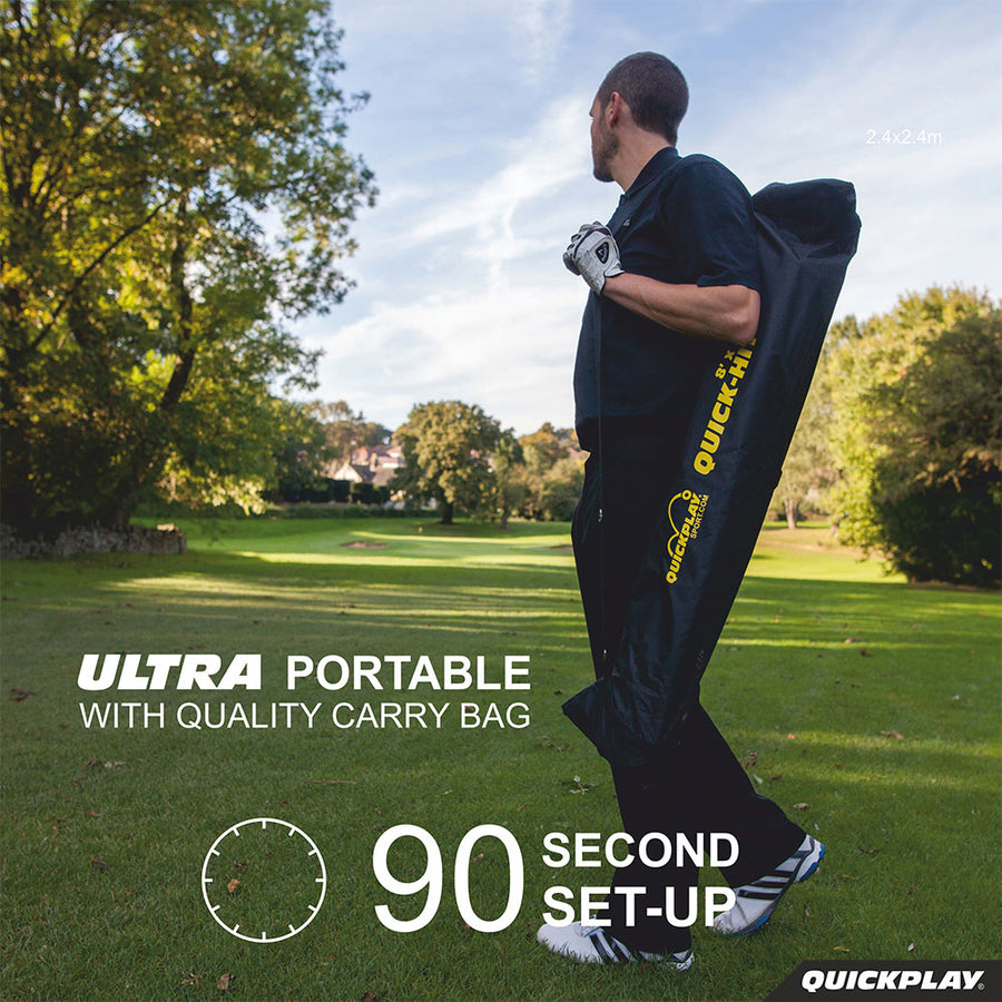 Golfer carrying the QUICK-HIT Golf Hitting Net 8x8' in its black bag on a golf course, with the text "Ultra portable".