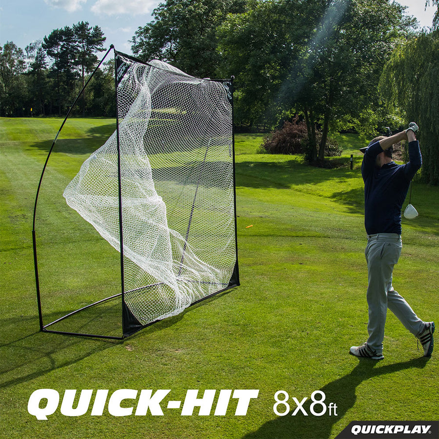 Golfer following through as a ball hits the QUICK-HIT Golf Hitting Net 8x8' on a fairway, with the text "QUICK-HIT 8x8ft".