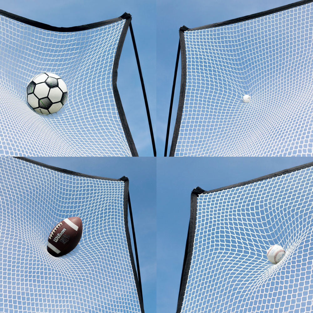 MEGA NET XL net stopping four balls in four panels: a football, a small white ball, an American football and a baseball.