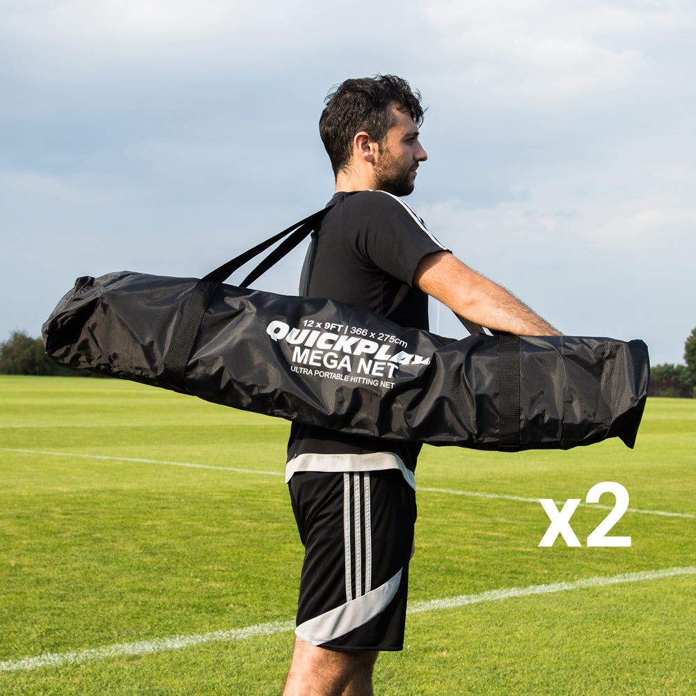 Man carrying a black QUICKPLAY MEGA NET bag over his shoulder on grass, with the text "x2".