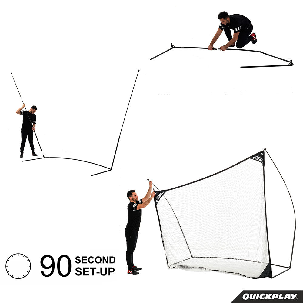 QUICK-HIT Golf Hitting Net 8x8' set-up steps on a white background, from laying out the frame to fitting the net.