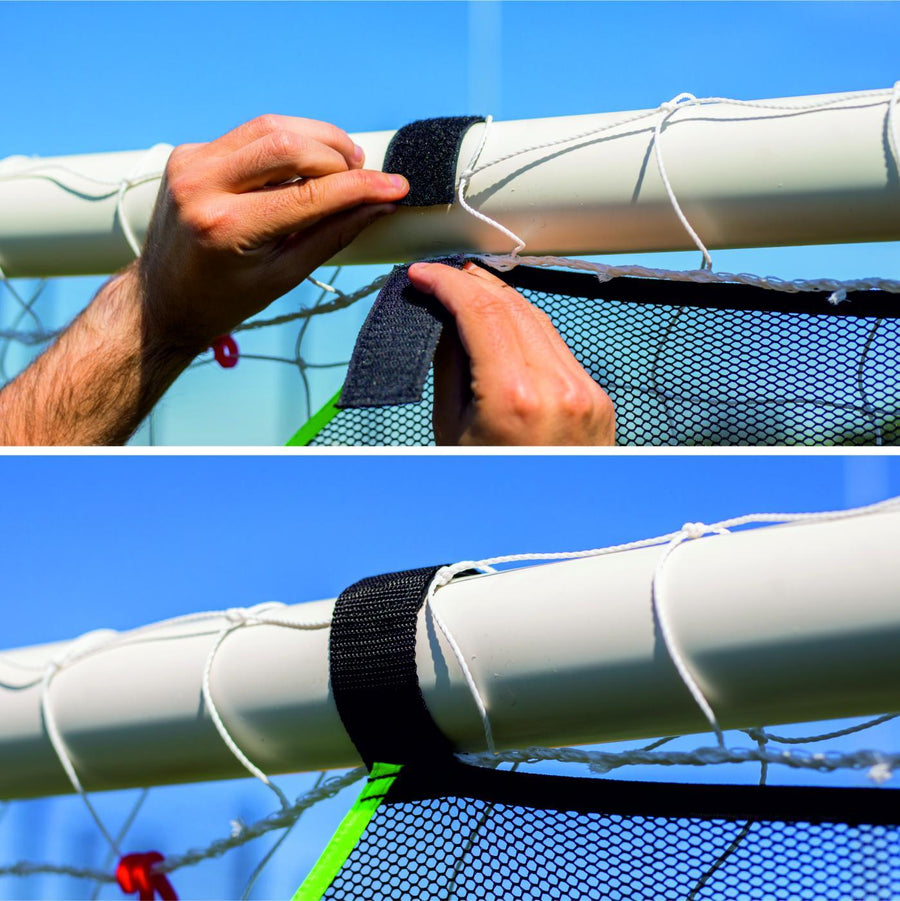 Two close-ups: hands wrapping a black hook and loop strap of the TARGET Net Lite 16x7' round a crossbar, then fixed.