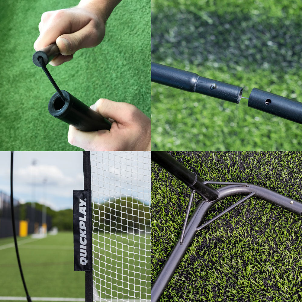 MEGA NET XL frame close-ups: joining pole sections by hand, a push button pole joint, a QUICKPLAY net label and a ground bracket.