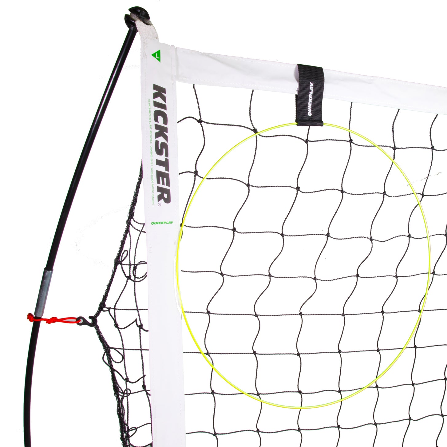 KICKSTER Football Target Ring fixed by a black strap inside the top corner of a white KICKSTER goal, on a white background.