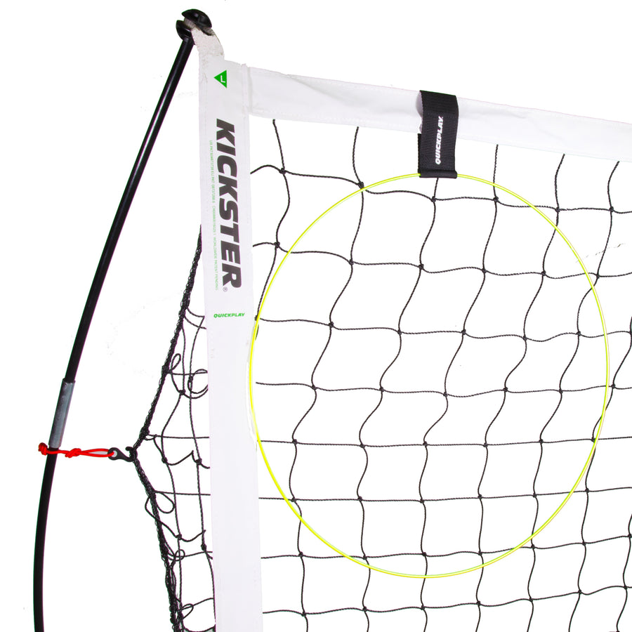 KICKSTER Football Target Ring fixed by a black strap inside the top corner of a white KICKSTER goal, on a white background.