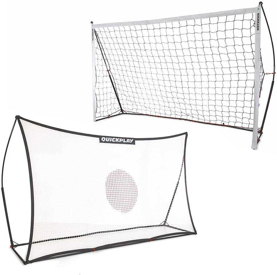 KICKSTER 2-in-1 8x5' shown as a white-framed goal and as a rebounder net with a red target circle, on a white background.
