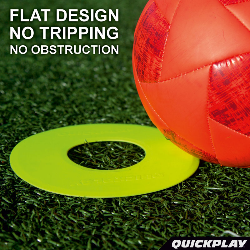 Flat Markers Neon flat marker on artificial grass beside a red ball, with the text "Flat design, no tripping, no obstruction".