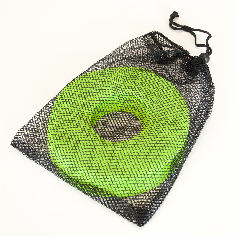Flat Markers Neon flat markers stacked inside a black drawstring mesh bag on a white background.