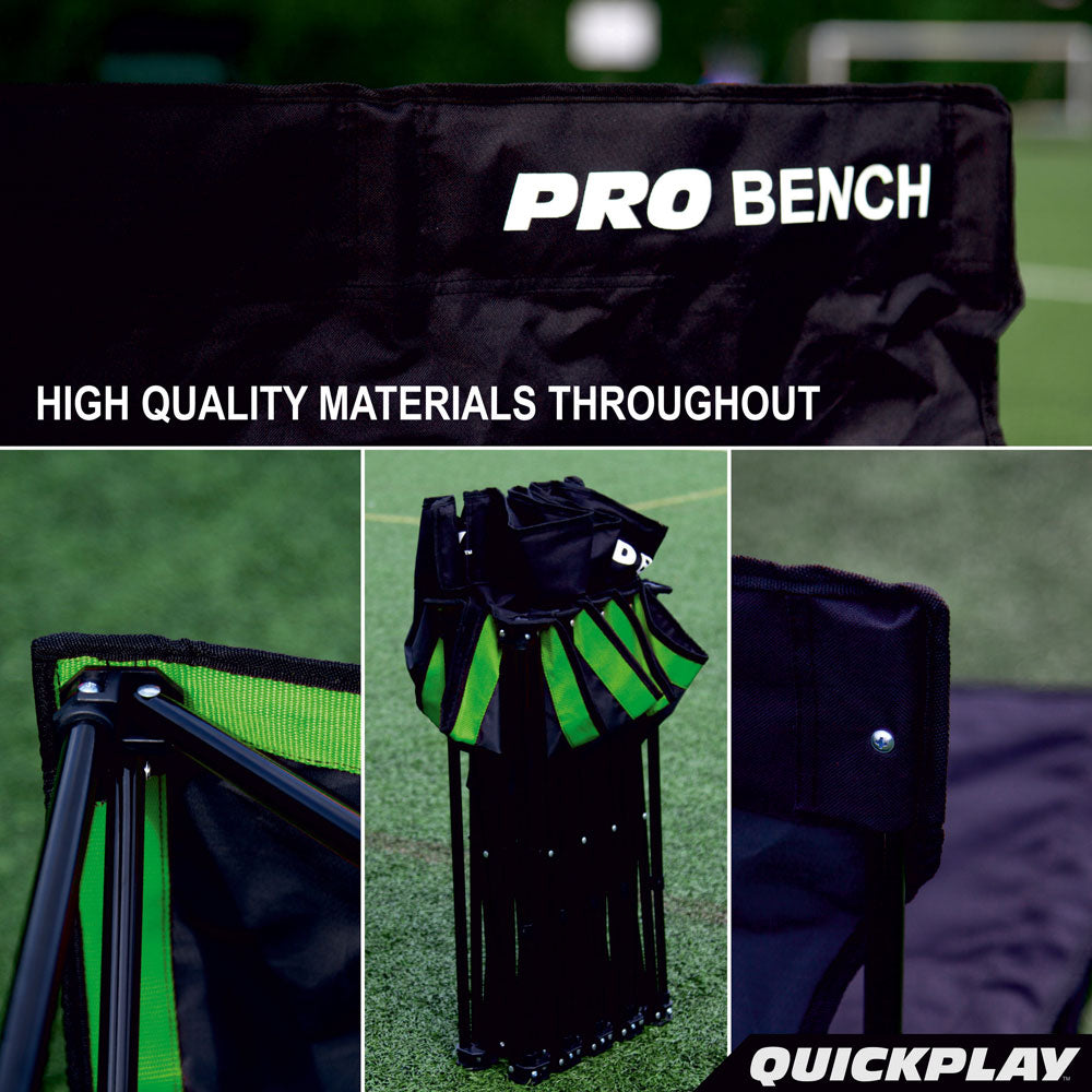 PRO Bench close ups of the logo, black frame, green webbing and folded bench, with the text "High quality materials throughout".