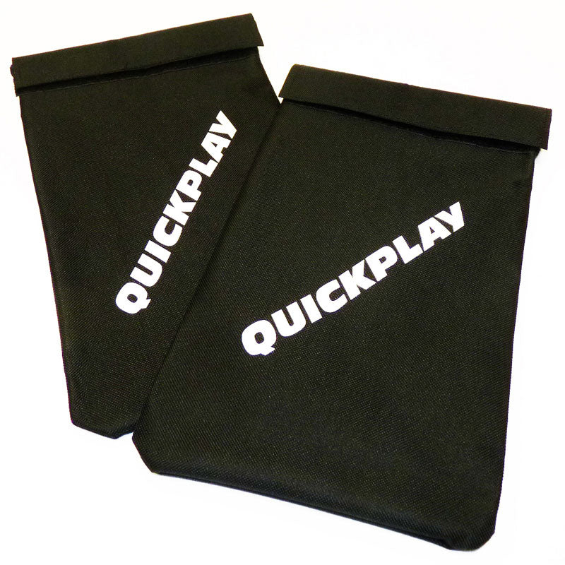 Two black QUICKPLAY 5kg sandbags with white logos and fold over tops, on a white background.